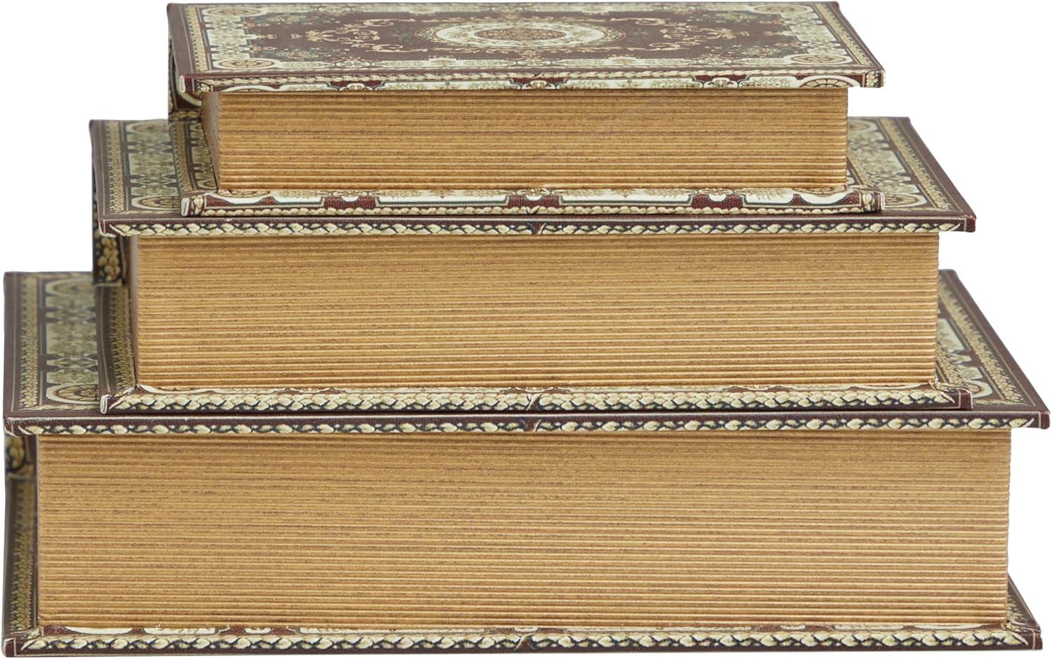 Deco 79 Canvas Decorative Box Storage Book Book Shaped Boxes with Arabesque Pattern and Gold Page Inspired Detail, Set of 3 Decorative Keepsake Boxes 12, 10, 8" H, Red