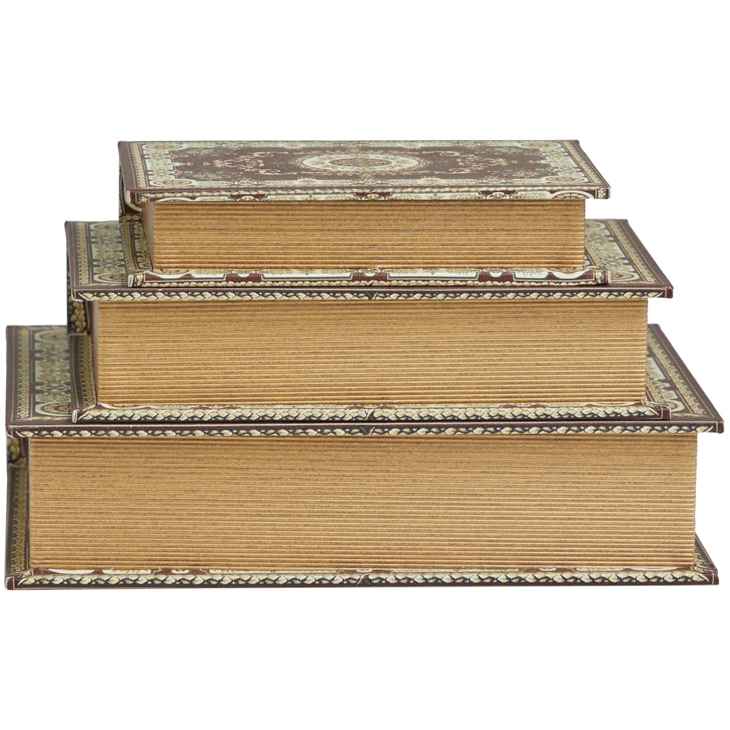 Deco 79 Canvas Decorative Box Storage Book Book Shaped Boxes with Arabesque Pattern and Gold Page Inspired Detail, Set of 3 Decorative Keepsake Boxes 12, 10, 8" H, Red