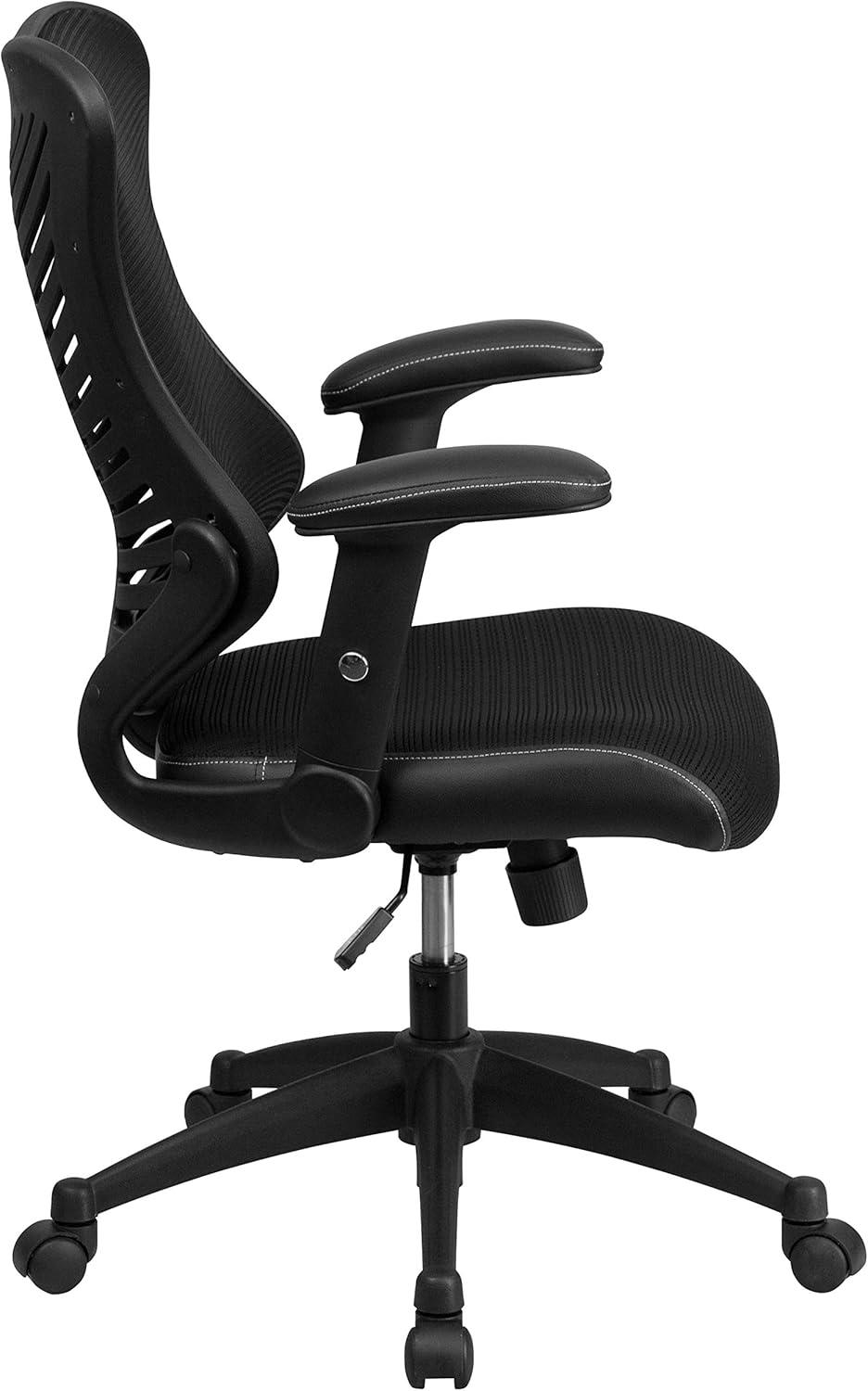 Contemporary High-Back Black Mesh & Leather Executive Office Chair with Adjustable Arms