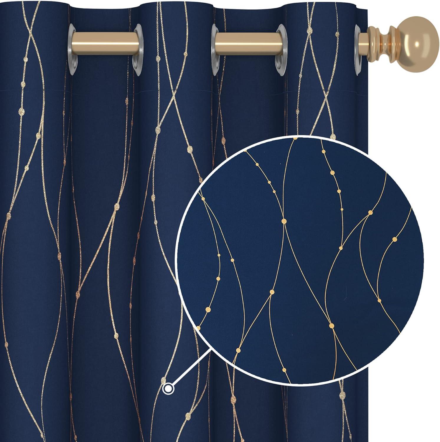 Deconovo Room Darkening Blackout Curtains, Navy Blue, 42W x 45L Inch, Gold Foil Printed Wave Line and Dots Pattern Grommet Window Drapes