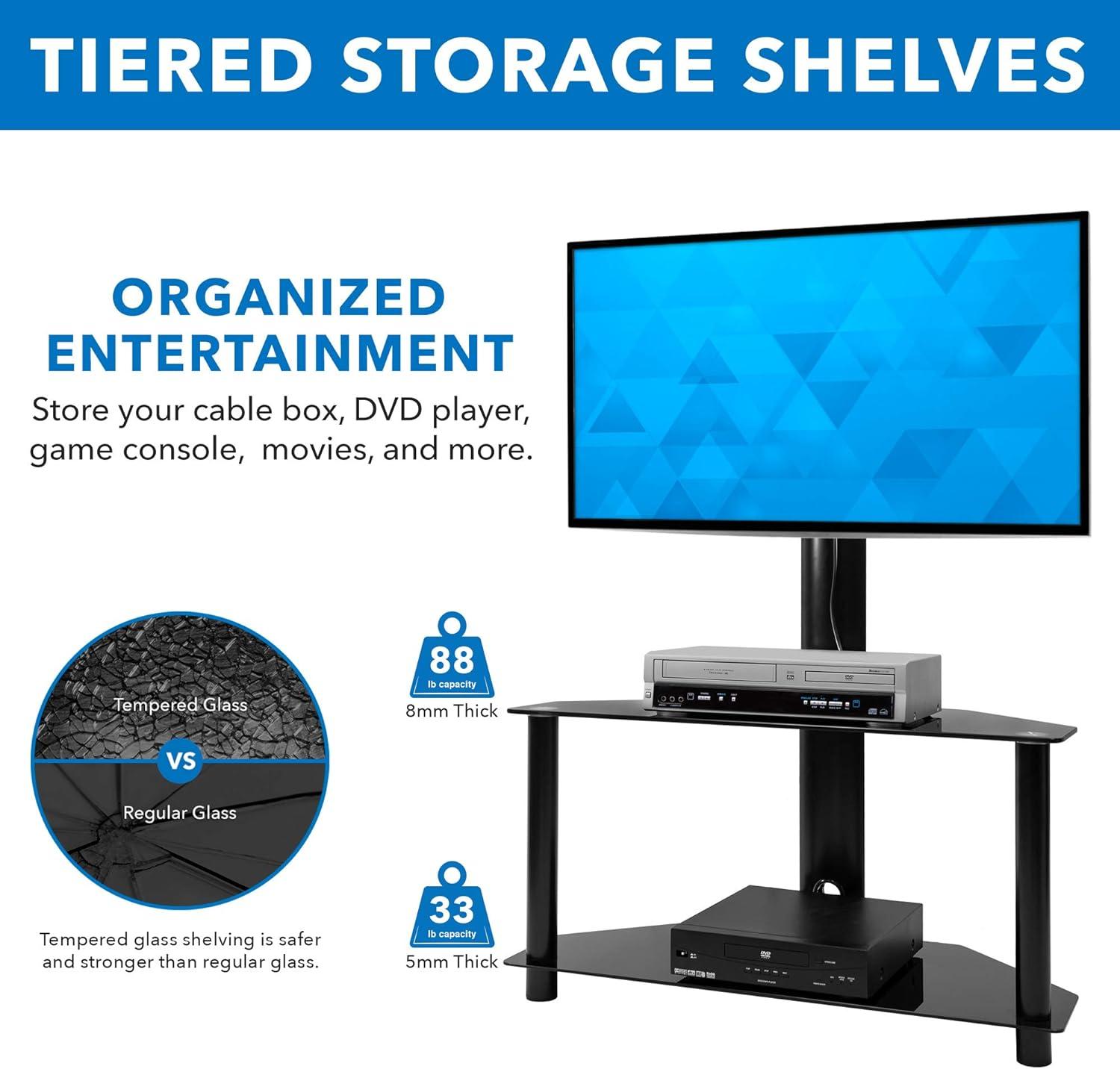Mount-it Mount-It! Height Adjustable Floor TV Stand with Mount and Tempered Glass Shelves | Fits 32 - 55 in.