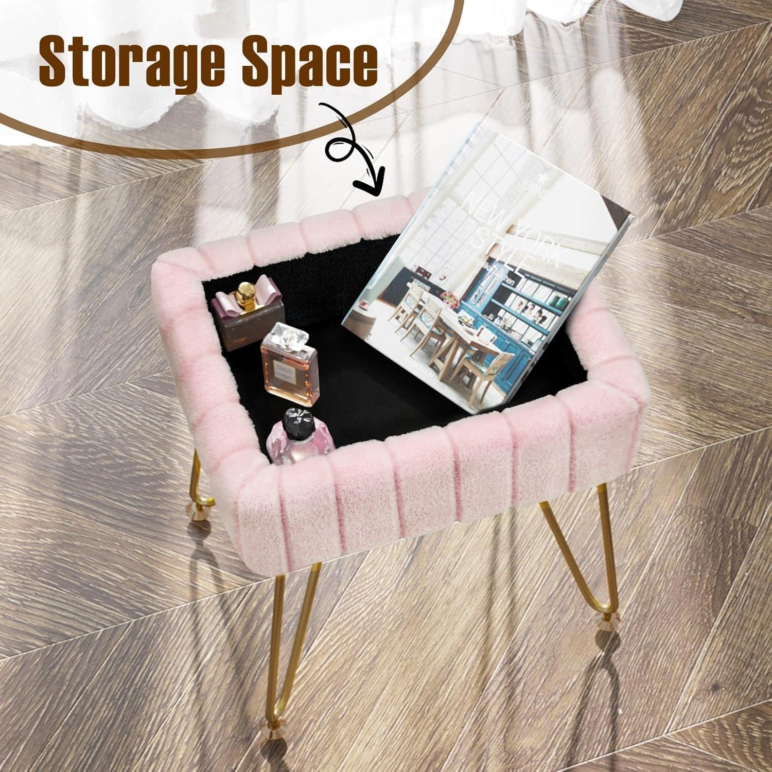 Greenstell Vanity Stool Chair Faux Fur with Storage, 15.7"L x 11.8"W x 19.4"H Soft Ottoman 4 Metal Legs with Anti-Slip Feet, Furry Padded Seat, Modern Multifunctional Chairs for Makeup, Bedroom Pink