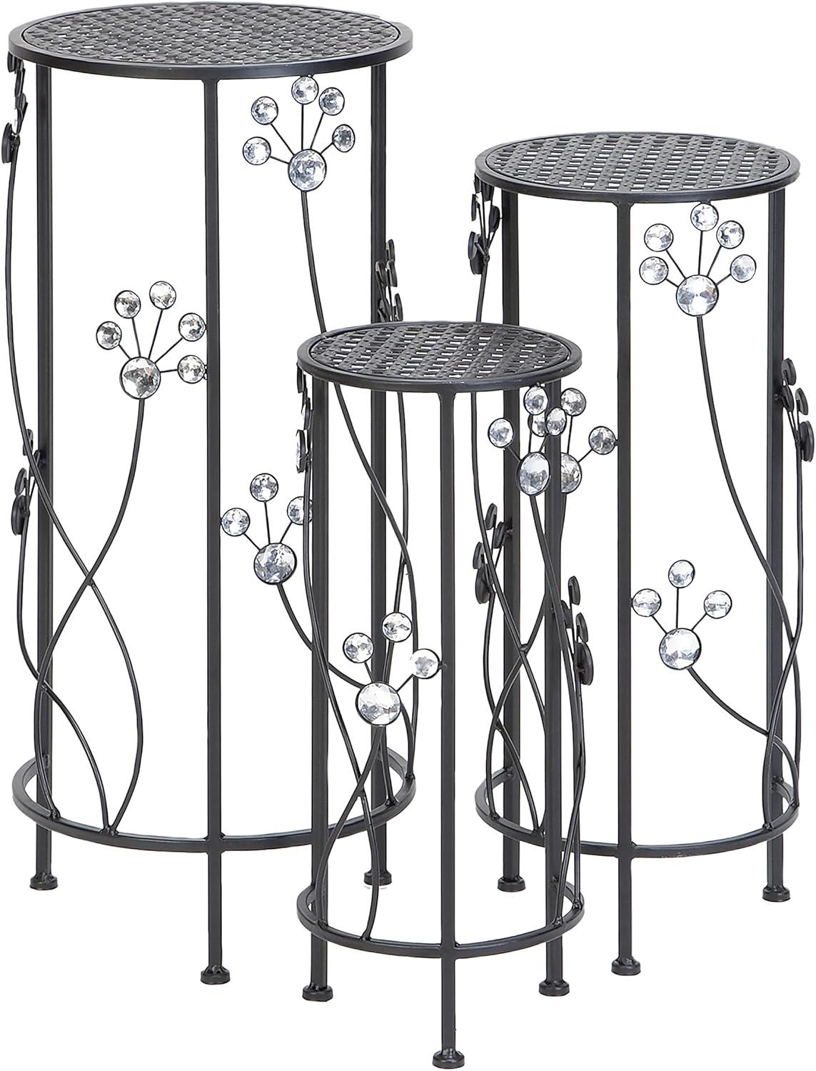 Set of 3 Black Iron Plant Stands with Floral Accents