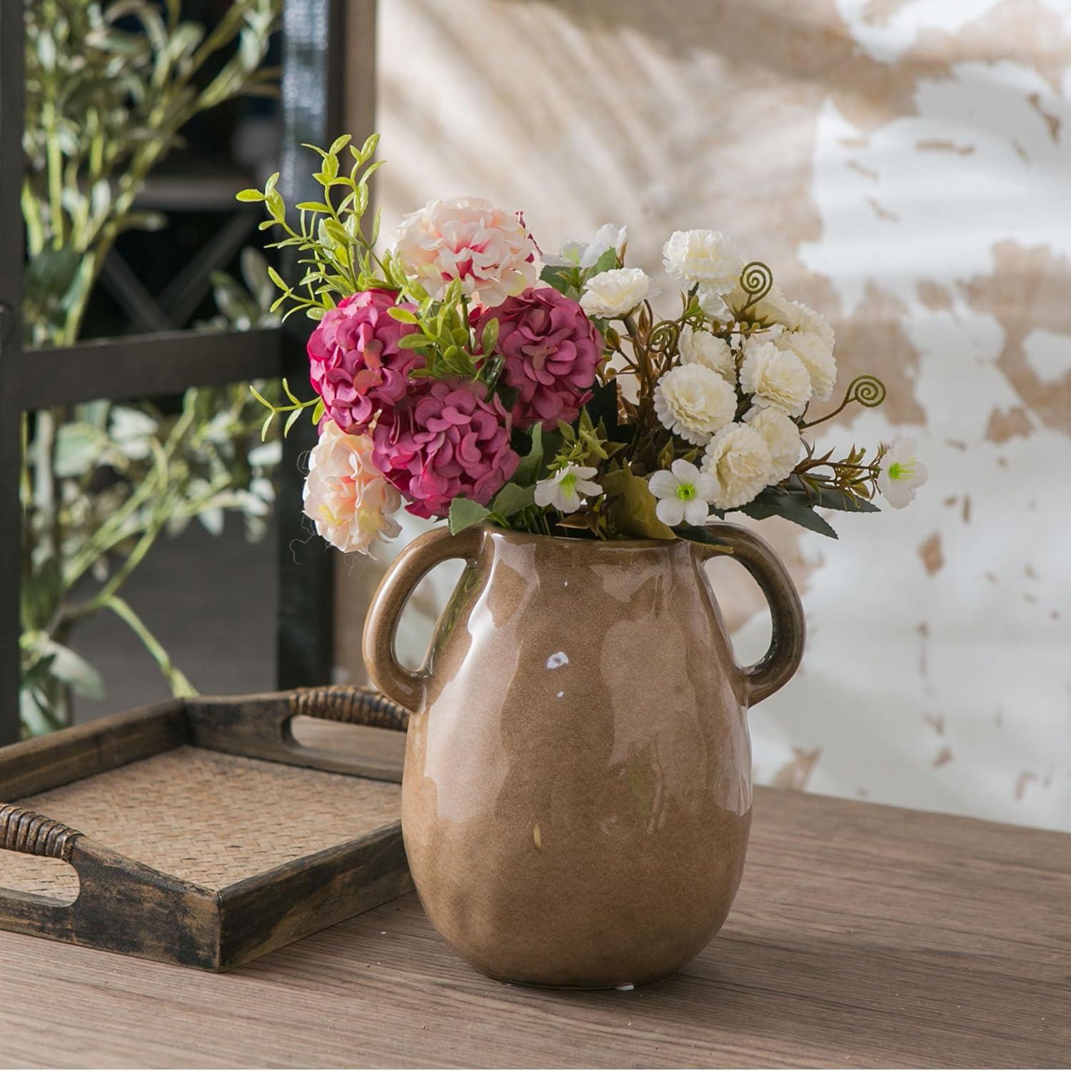 Kimdio Brown Ceramic Vase with 2 Handles, Modern Farmhouse Vase for Home Decor, Vintage Rustic Pottery Vase, Decorative Terracotta Vase, Clay Jug for Living Room Dining Table Shelf