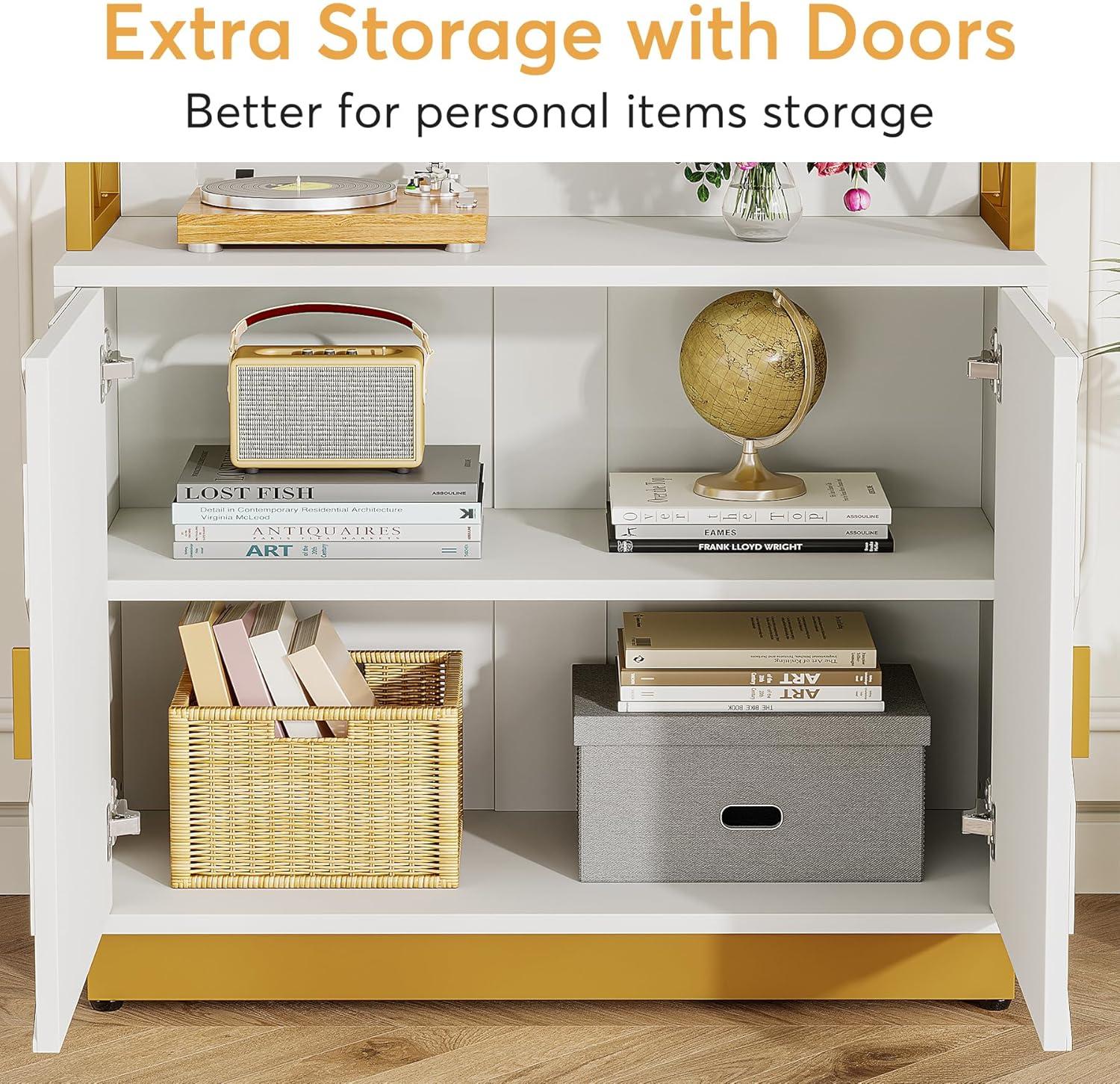 Tribesigns 71" Tall Etagere Bookcase with 3 Shelves 2 Cabinets, White and Gold Bookshelf with Doors, Modern Open Display Bookshelf for Living Room Bedroom Office