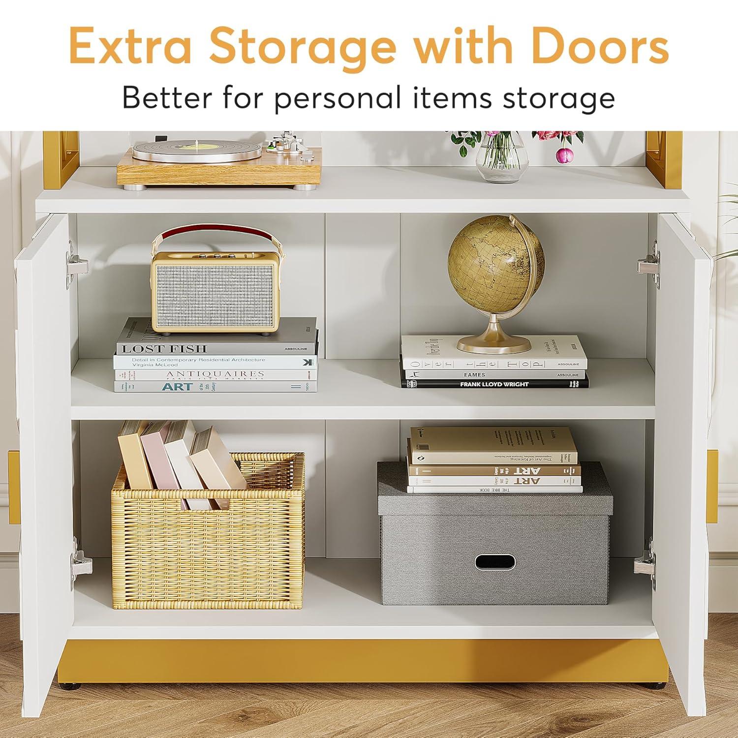 Tribesigns 71" Tall Etagere Bookcase with 3 Shelves 2 Cabinets, White and Gold Bookshelf with Doors, Modern Open Display Bookshelf for Living Room Bedroom Office