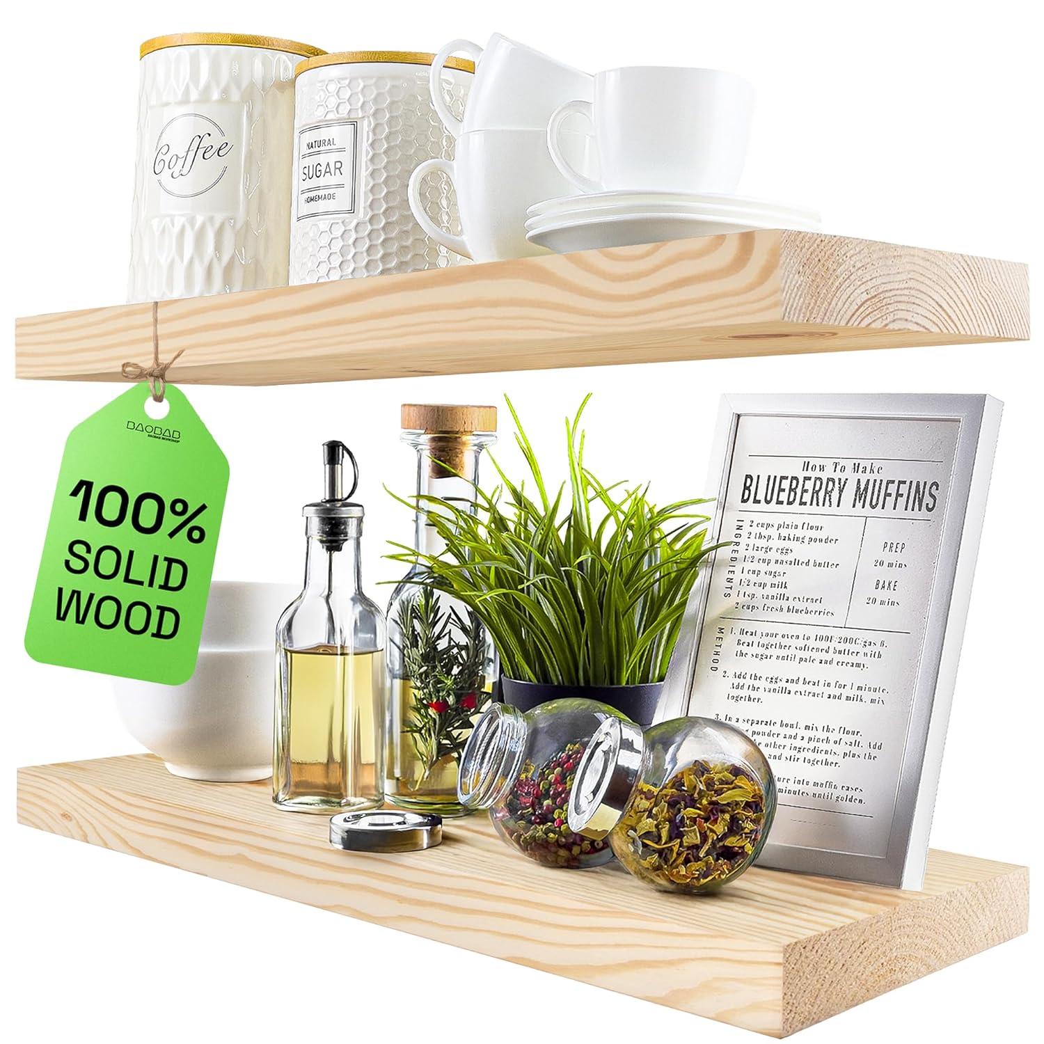 Baobab Workshop Solid Wood Floating Shelves, Wooden Shelves for Wall (Set of 2)