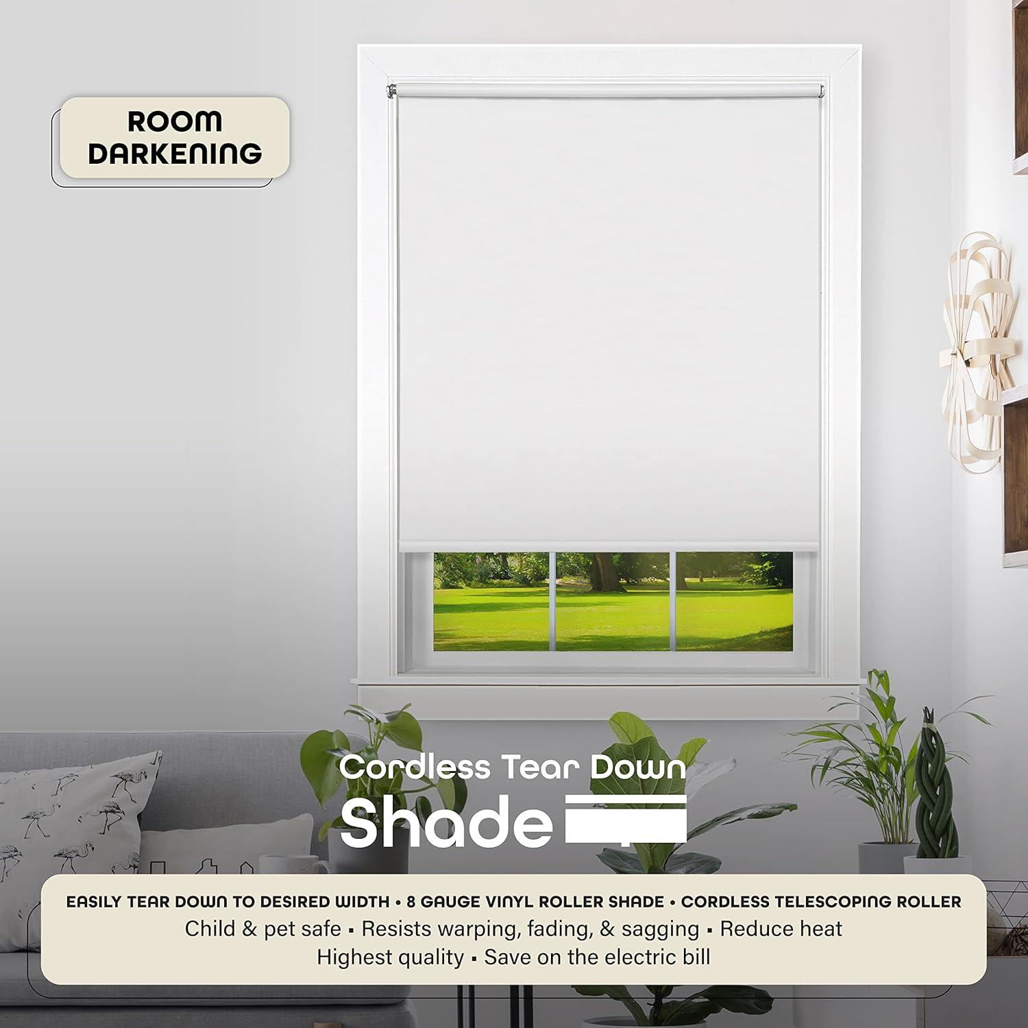 Achim Tear Down Indoor Cordless Vinyl Room Darkening Roller Window Shade, 72 x 37, White