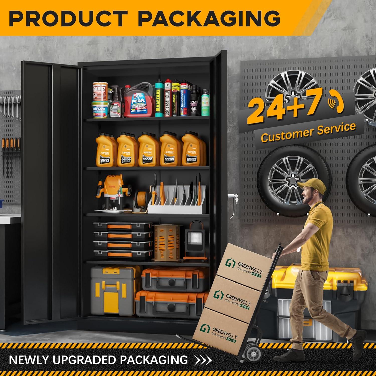 Greenvelly Metal Storage Cabinet with Lock, 72" H Black Metal Garage Storage Cabinet with Doors and 4 Shelves, Lockable Steel Tool Cabinets for Garage, Home, Office, Shop, School(36" W x 18" D)