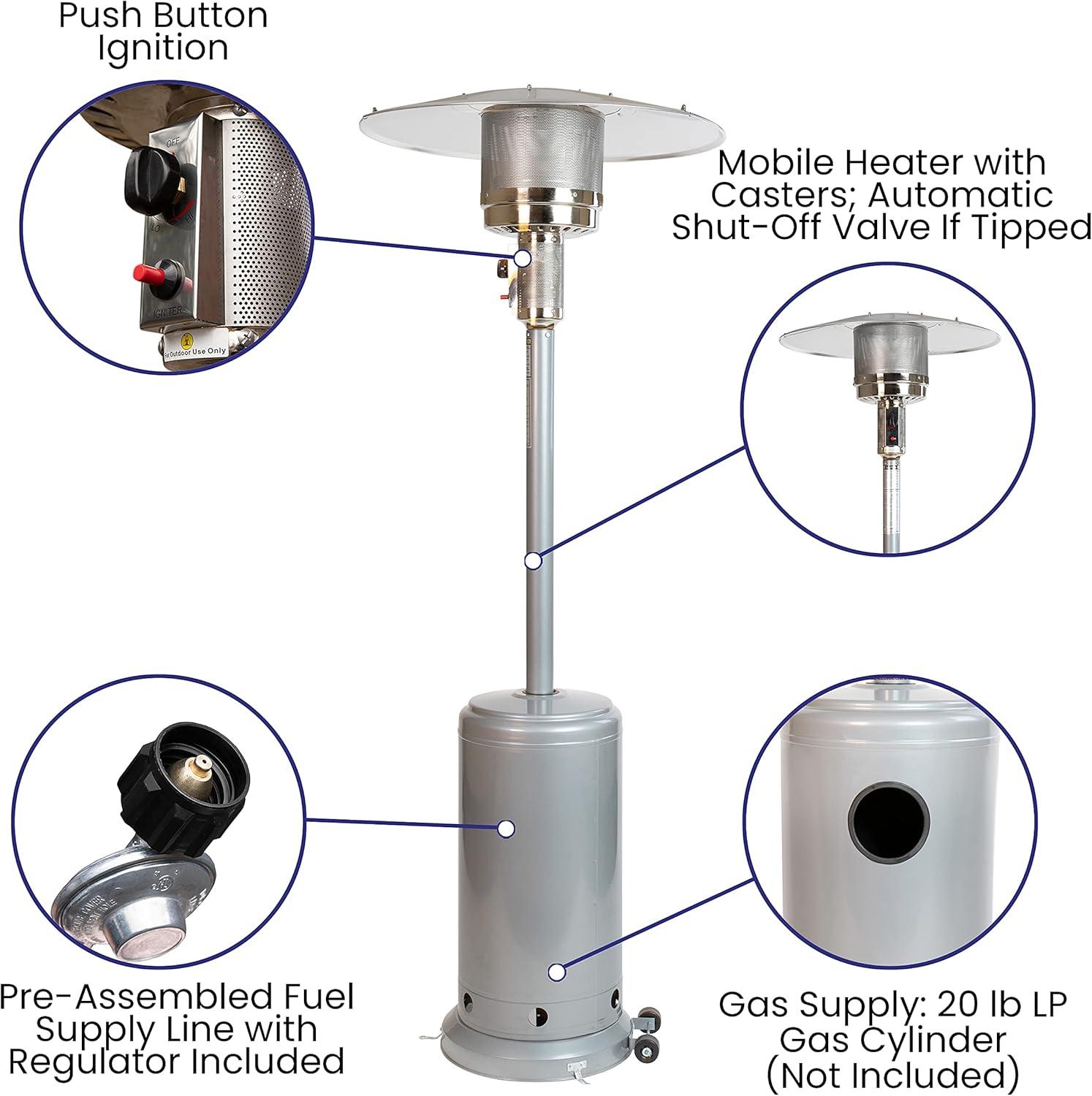 Flash Furniture Patio Outdoor Heating-Silver Stainless Steel 40,000 BTU Propane Heater with Wheels for Commercial & Residential Use-7.5 Feet Tall
