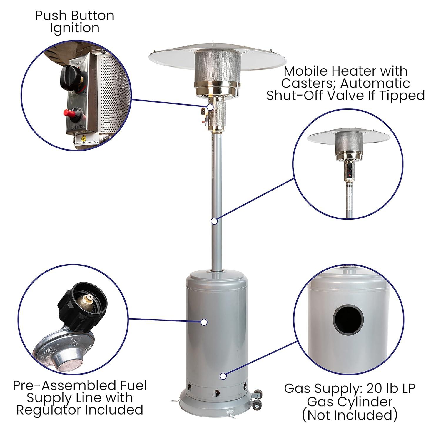 Flash Furniture Patio Outdoor Heating-Silver Stainless Steel 40,000 BTU Propane Heater with Wheels for Commercial & Residential Use-7.5 Feet Tall