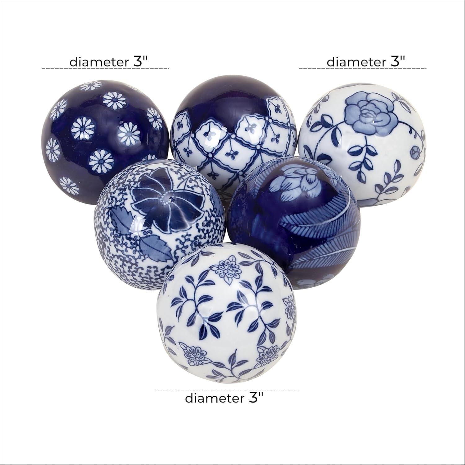 DecMode Blue 3" Floral Handmade Glossy Ceramic Orbs & Vase Filler with Varying Patterns (6 Count)