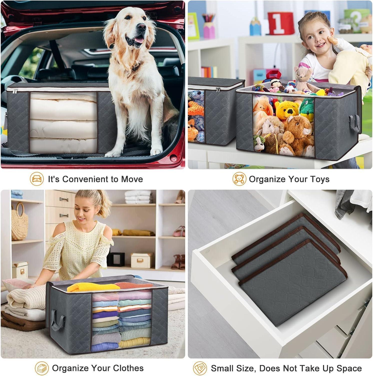 Budding Joy Clothes Storage, Foldable Large Blanket Storage Bags with Zippers, Storage and Organization for Clothing, Comforter, Bedding, Toys, Closet Organizers with Enhanced Handle, 60L 6 Pack Gray