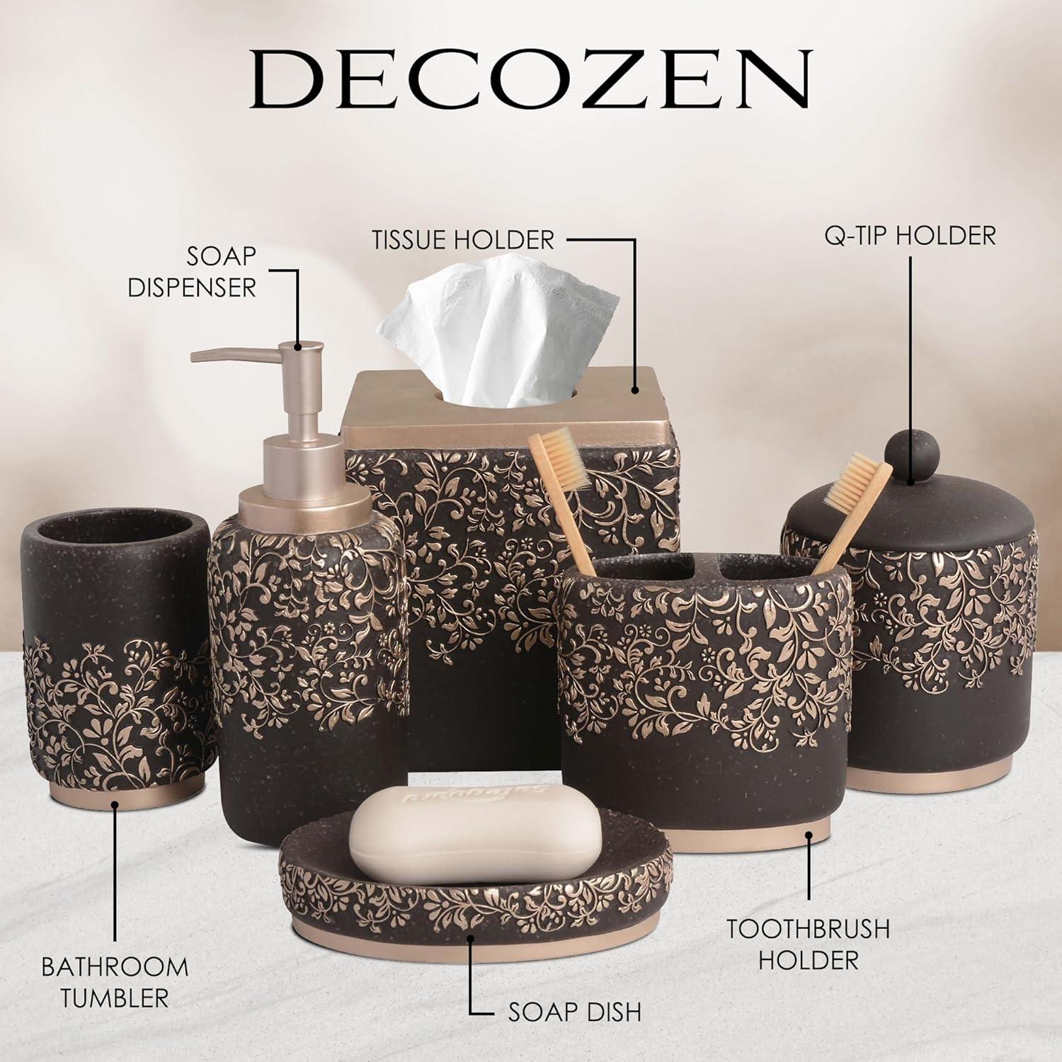 Decozen Bathroom Accessories - Gold Brown Set of 6 Piece Bath Vanity Decor - Bathroom Soap Dish, Soap Dispenser, Toothbrush Holder, Tumbler, Cotton Jar, Tissue Box Housewarming Gift for Home Decor