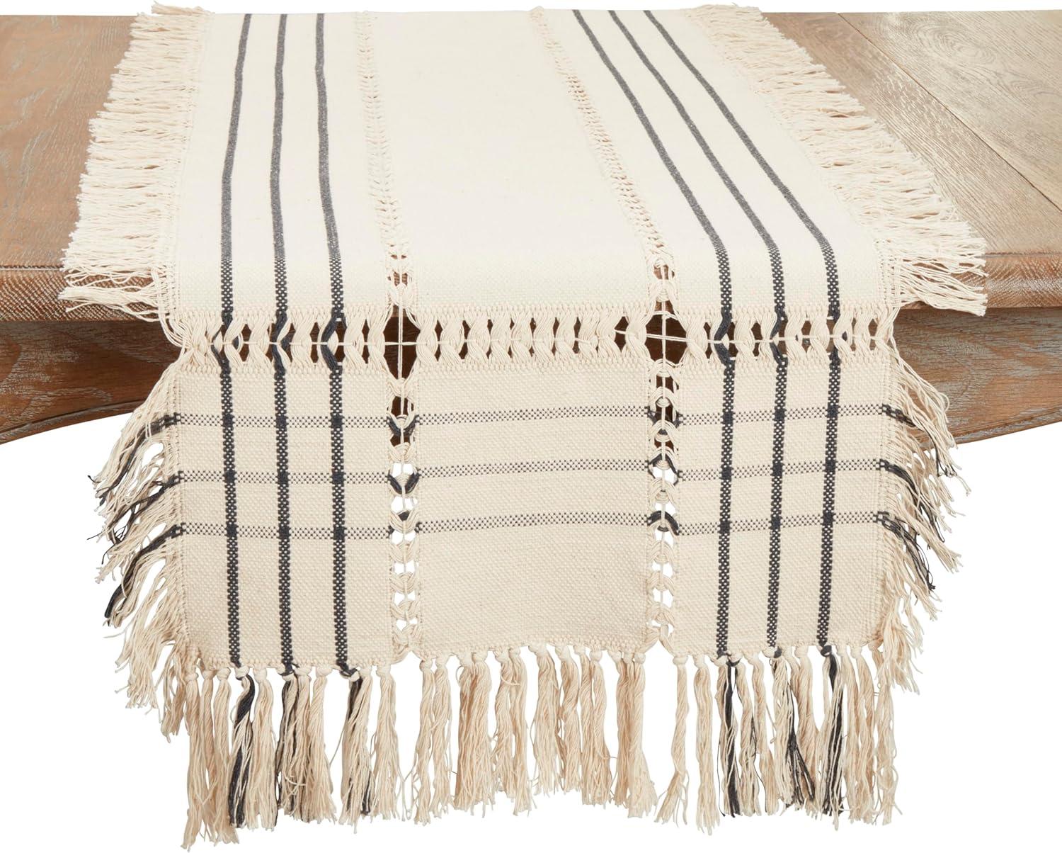 Saro Lifestyle Plaid Hemstitch Table Runner with Fringe, Beige, 16"x72"