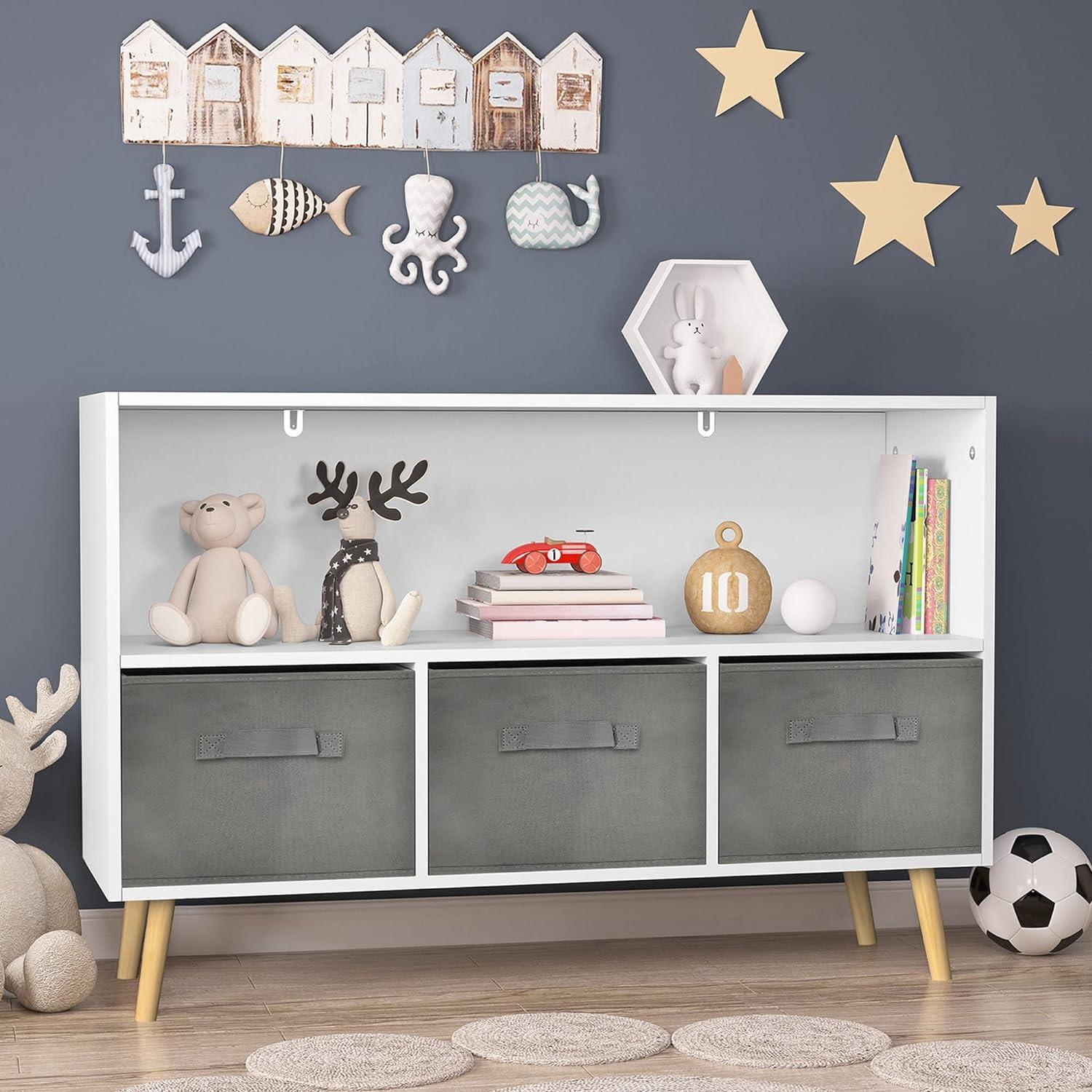 Gray and White Kids Bookcase with Collapsible Fabric Drawers