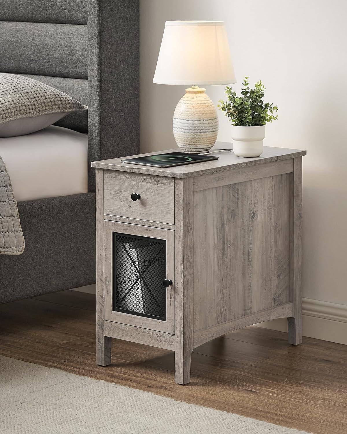 Greige MDF and Particleboard Side Table with Storage and Charging Station