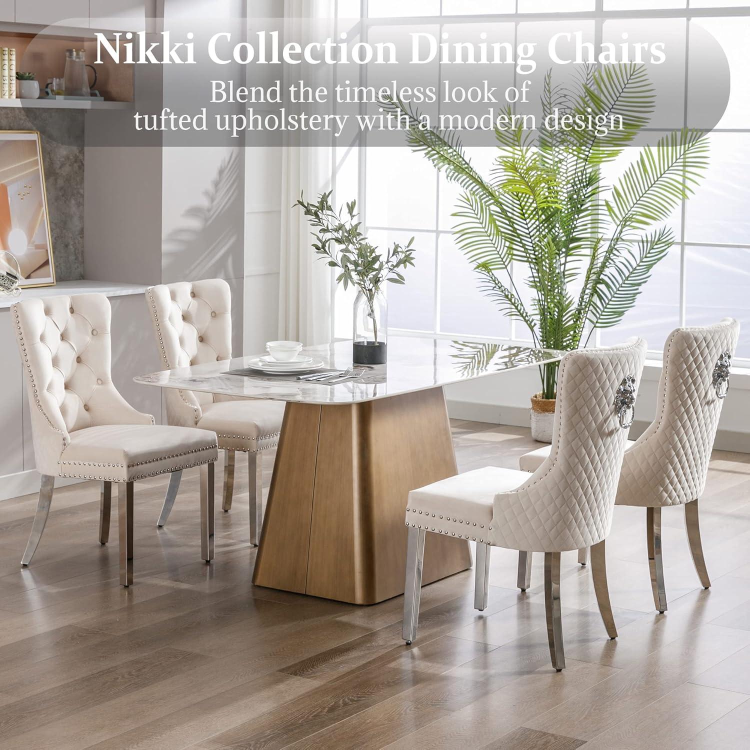 SoarFlash Velvet Dining Chairs Set of 4, Tall Back Side Chair, Modern Upholstered High-end Tufted Side Chair with Button Back Ring, Solid Wood Legs (Beige)