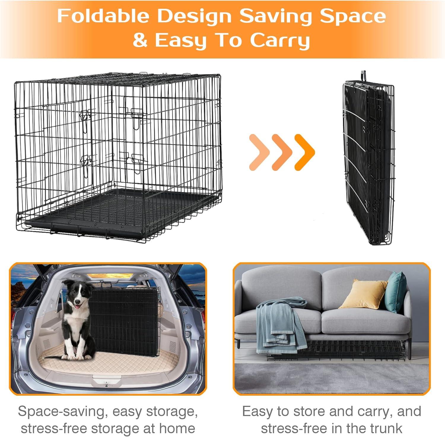 CL.HPAHKL Durable Large Dog Crate, Folding Metal Dog Kennel Double Door Dog Cage with Plastic Tray, Wire Crate for Large Dog Indoor Outdoor Travel (Black, 42 inch)