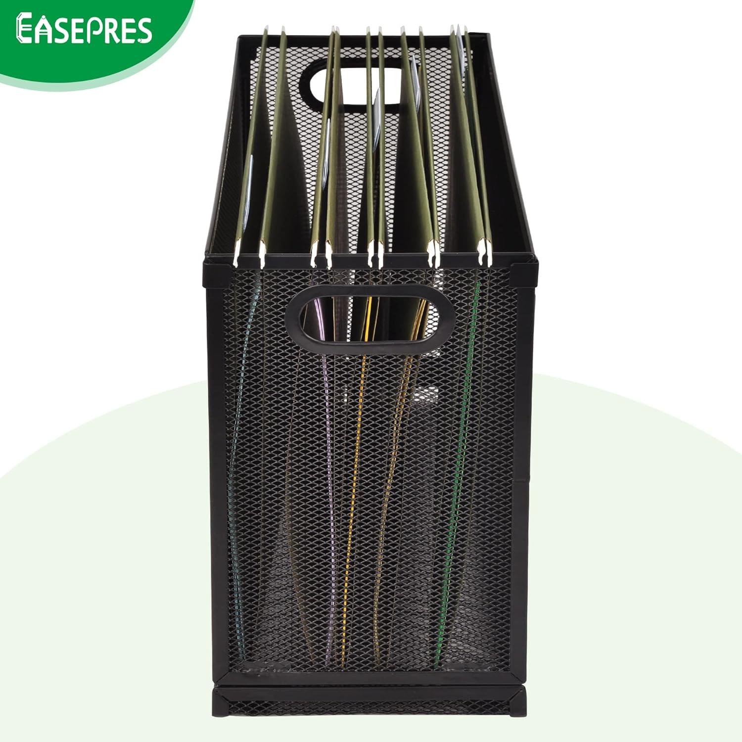 EASEPRES Desk Hanging File Organizer with 5 Folders, Mesh Metal Letter-Size Desktop File Holder Box for Filing Folder Storage Basket, 1 Pack Black, 12.2 x 9.45 x 5.45 inches