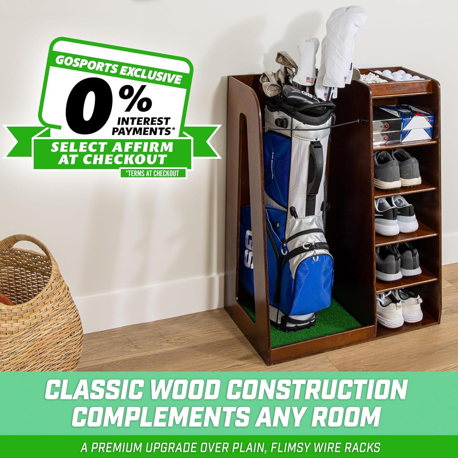GoSports Premium Wooden Freestanding Golf Bag Organizer and Storage Rack