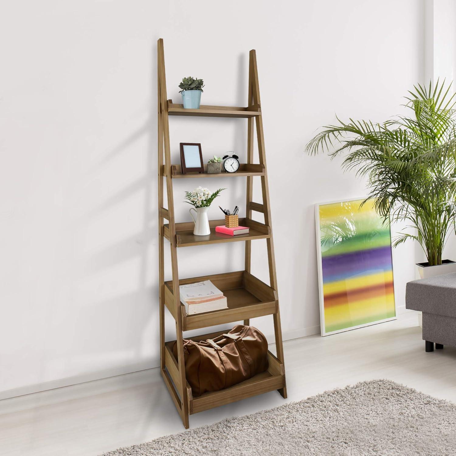 Alpine Gray Solid Wood 5-Shelf Ladder Bookcase