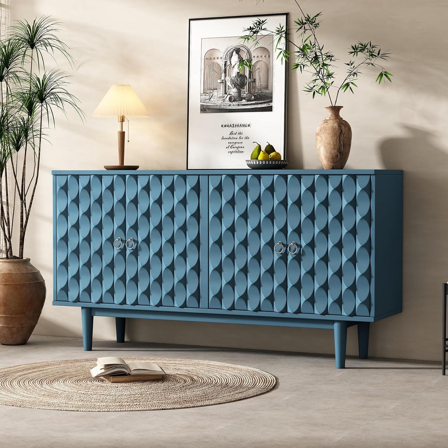 Navy Blue MDF 4-Door Sideboard with Convex Pattern and Silver Handles