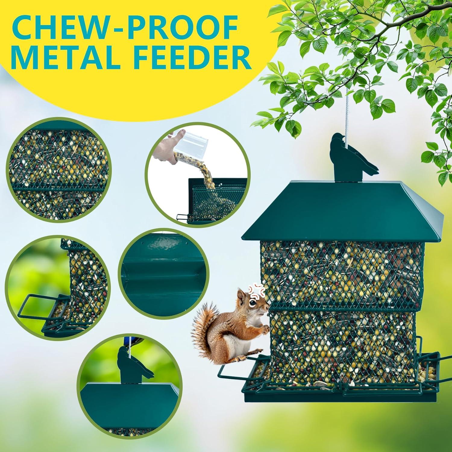 Digipettor Metal Wild Bird Feeder for Outside, Squirrel Proof Bird Feeders, Retractable 4LB Capacity Large Seed Birdfeeder for Outdoors Hanging Garden Yard, Green