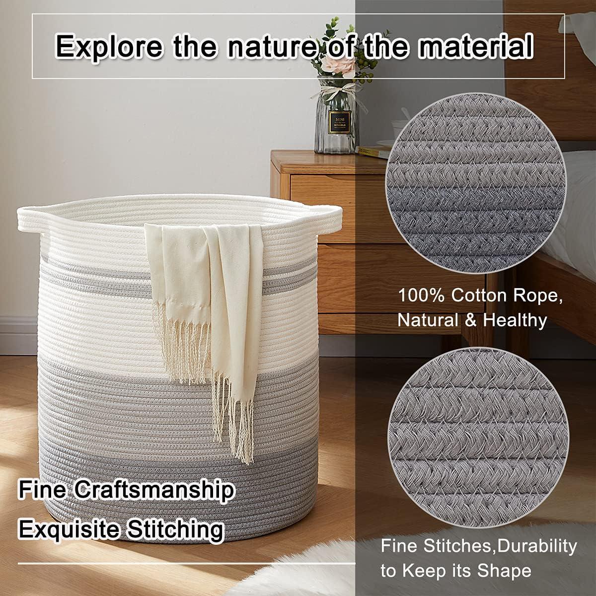 Large Gray and White Cotton Rope Collapsible Laundry Hamper