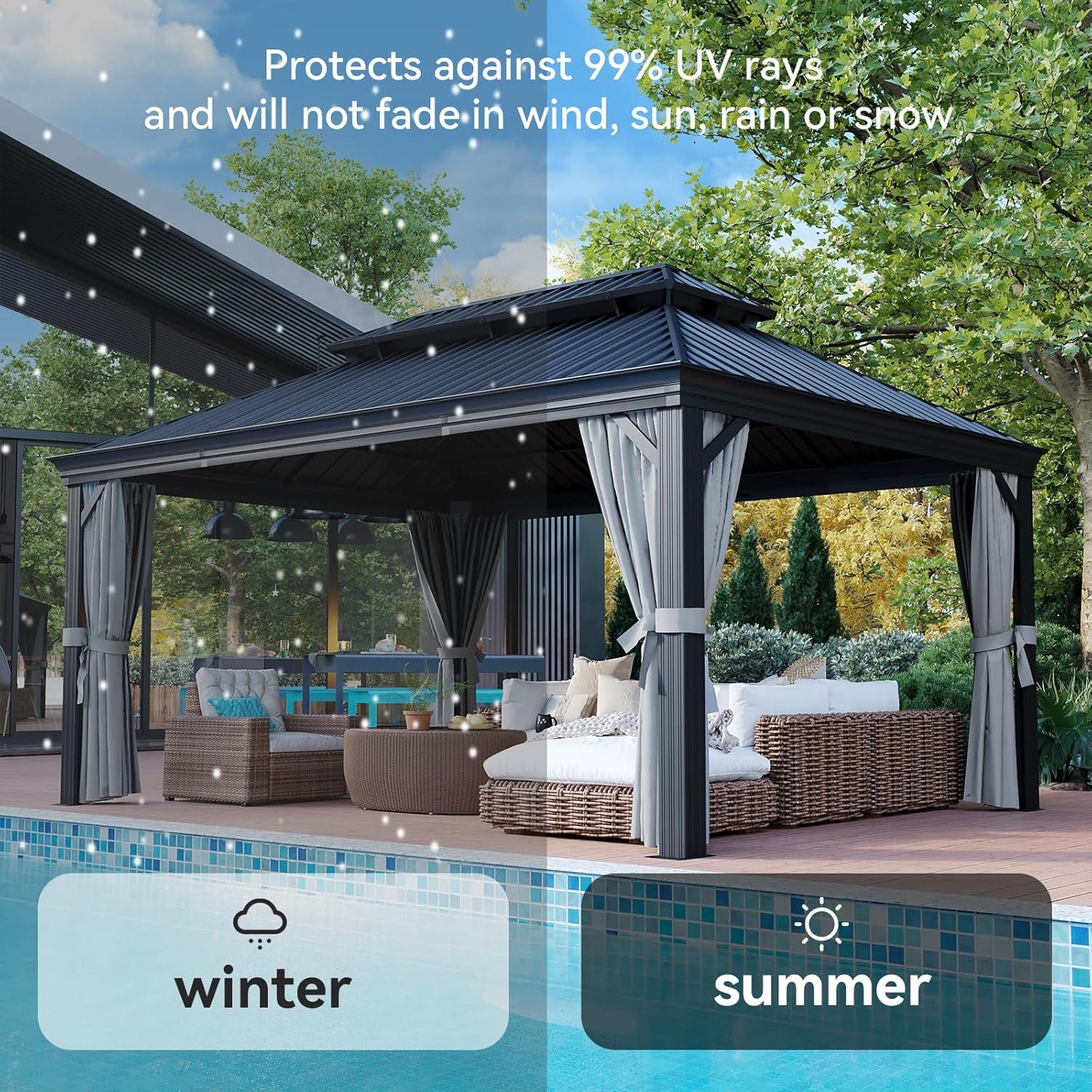 Kozyard Kozyard Alexander Gray Double Roof Hardtop Gazebo with Privacy Curtain Mosquito Netting