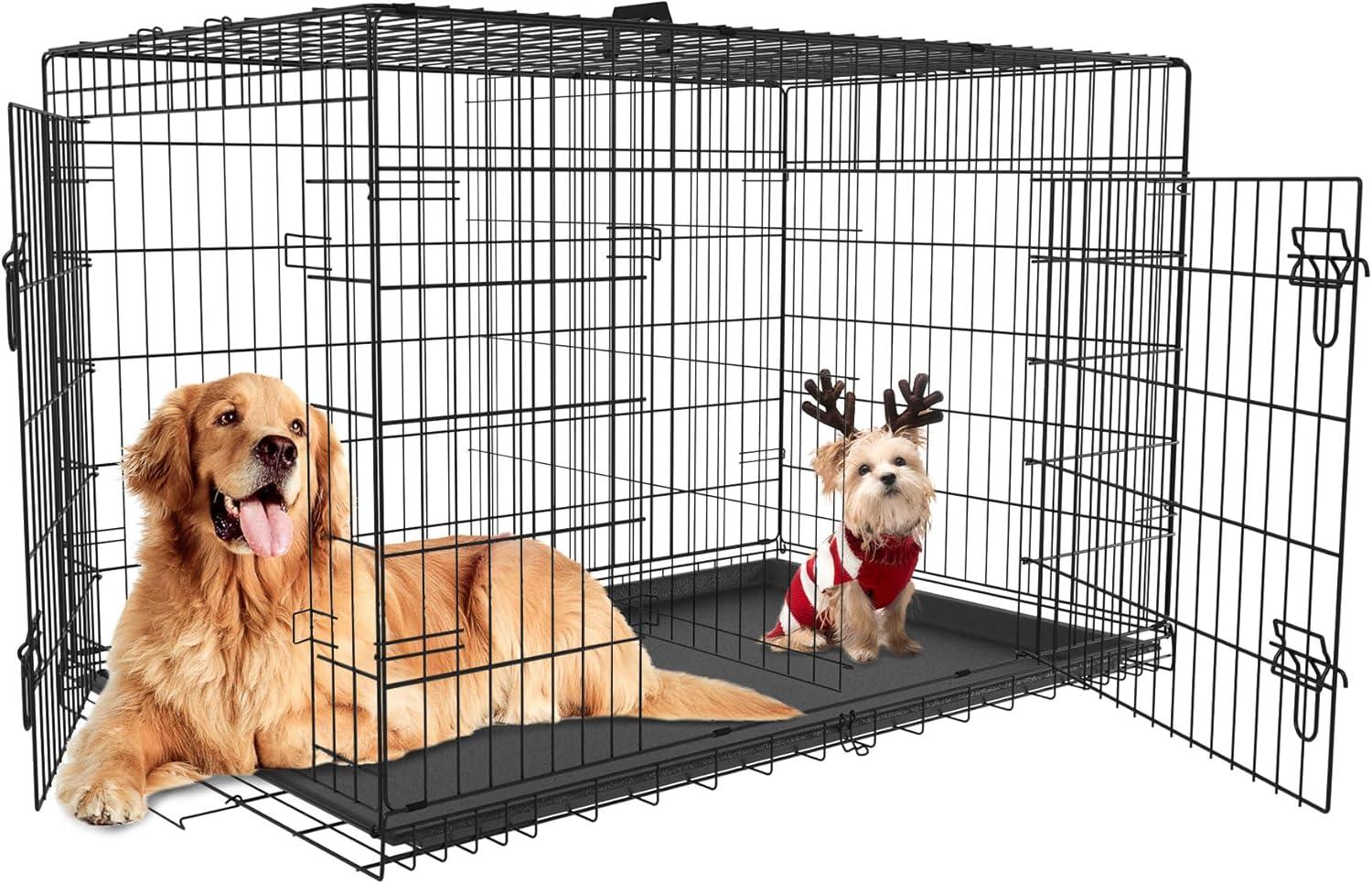 CL.HPAHKL Durable Large Dog Crate, Folding Metal Dog Kennel Double Door Dog Cage with Plastic Tray, Wire Crate for Large Dog Indoor Outdoor Travel (Black, 42 inch)