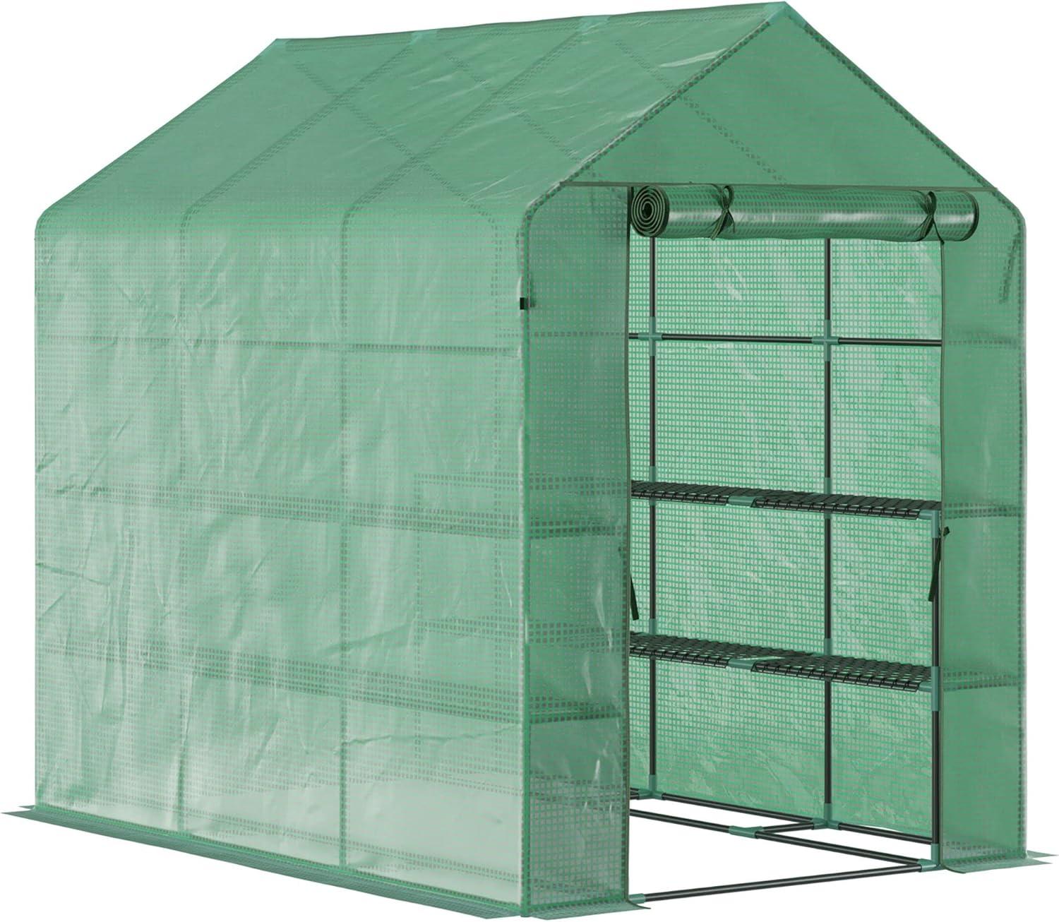 Outsunny 84.25" x 56.25" x 76.75" Walk-in Greenhouse, 2-Tier Shelves, Steel Frame Hot house, Roll-Up Zipper Door for Flowers, Vegetables, Green
