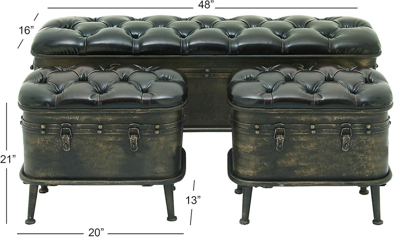 DecMode Metal Storage Bench with Tufted Faux Leather, Brown, Set of 3