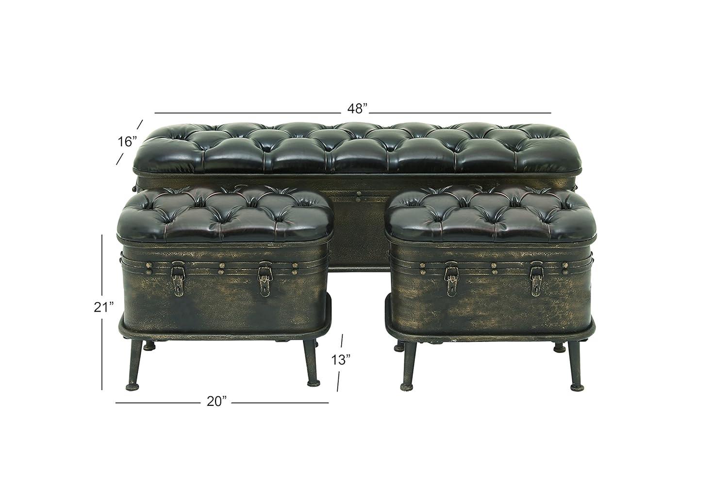 DecMode Metal Storage Bench with Tufted Faux Leather, Brown, Set of 3