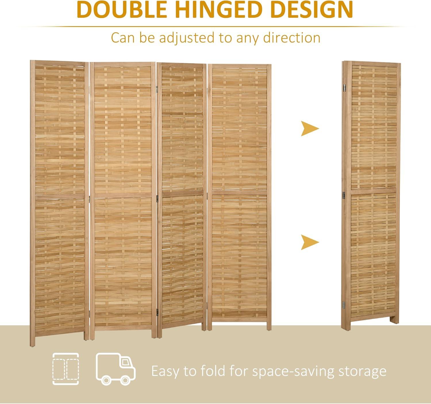 Homcom 4 Panel Room Divider, 5.5' Tall Bamboo Portable Folding Privacy Screens, Hand Woven Double Side Partition Wall Dividers For Home Office, Natural Natural Wood Bamboo