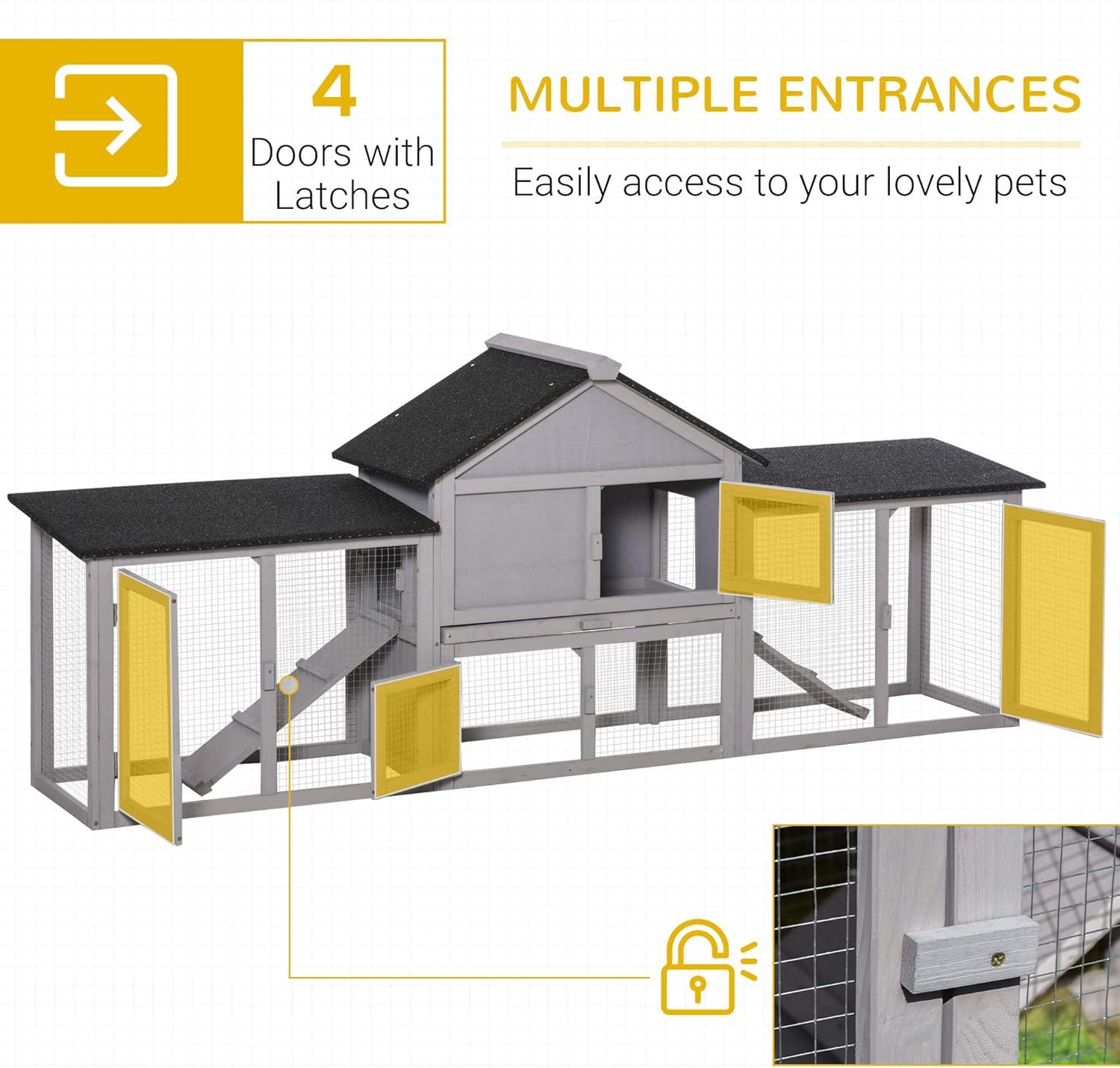 PawHut 83" Wooden Rabbit Hutch Large Bunny Hutch House with Double Run, Removable Tray and Waterproof Roof for Outdoor, Gray