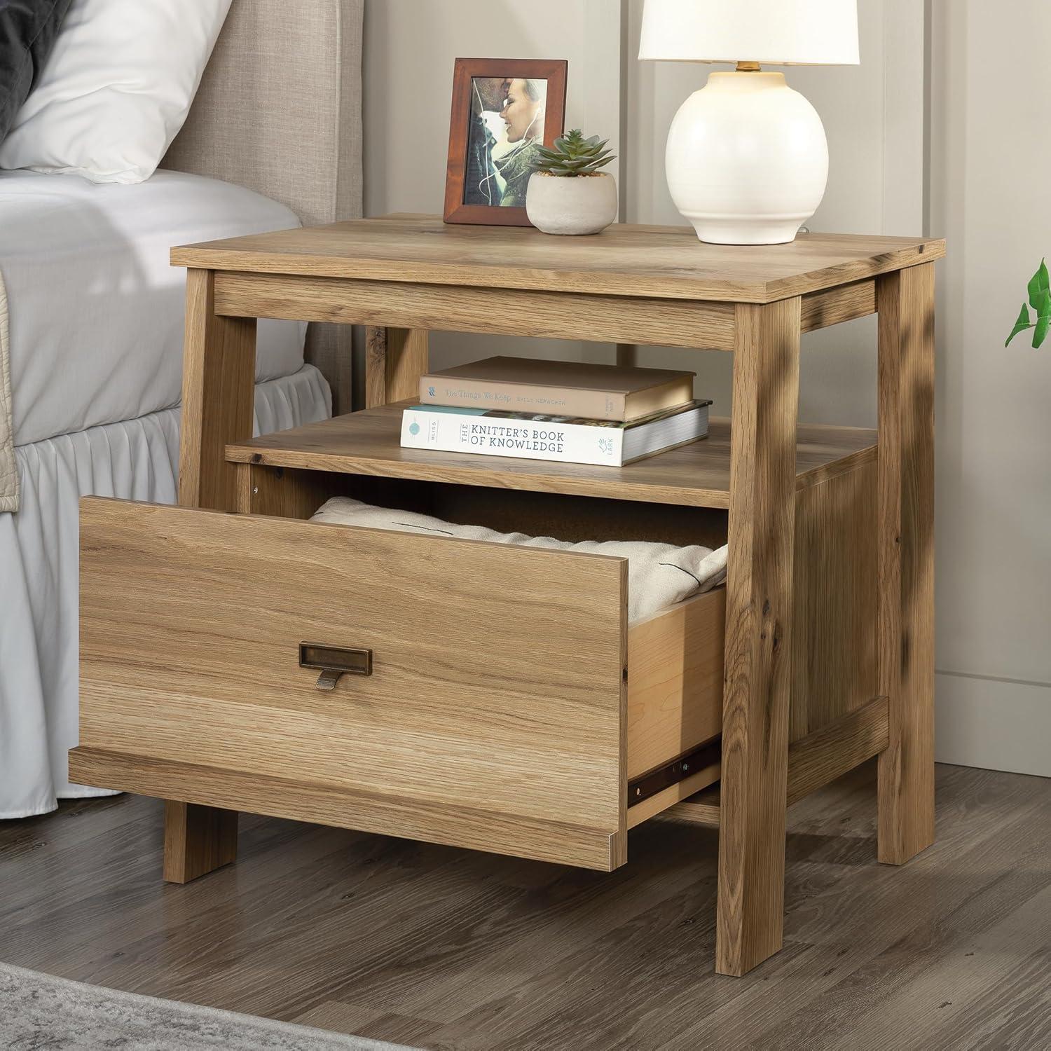 Trestle 1 Drawer Night Stand Timber Oak - Sauder: Open Shelf, Smooth Metal Runners, MDF Frame