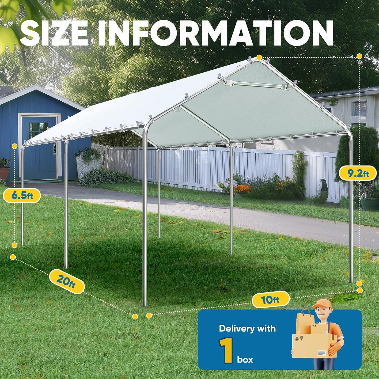 Quictent 10x20 ft Heavy Duty Carport Canopy Galvanized Car Tent Outdoor Garage Boat Shelter with Reinforced Structure, No Sidewall - White