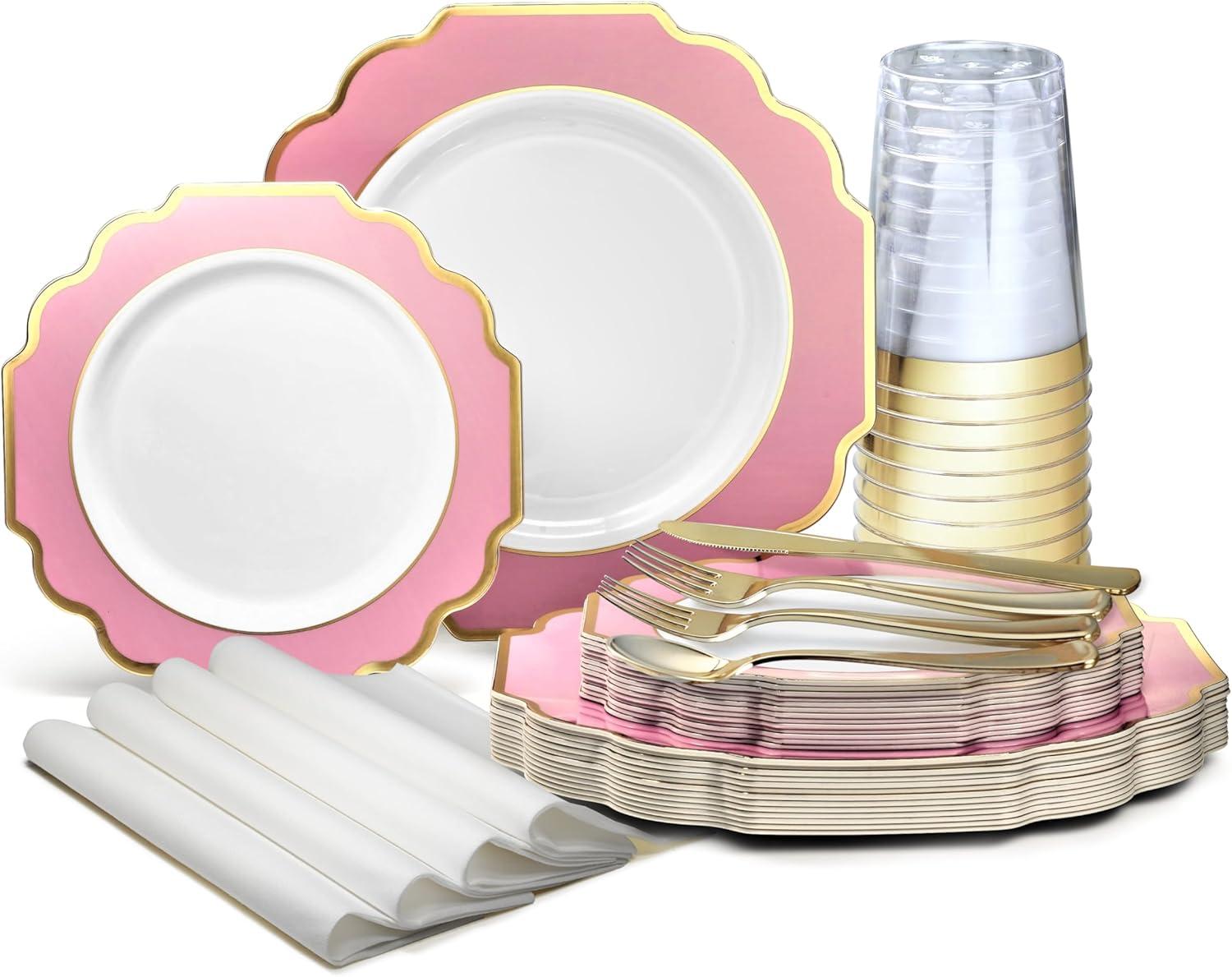 " OCCASIONS " 200 Piece set (25 Guests)-Wedding Plastic Plates & cutlery -Disposable heavyweight Dinnerware 10.5'', 8'' + Silverware + Cups + Napkins (Imperial in Rose Pink & Gold)