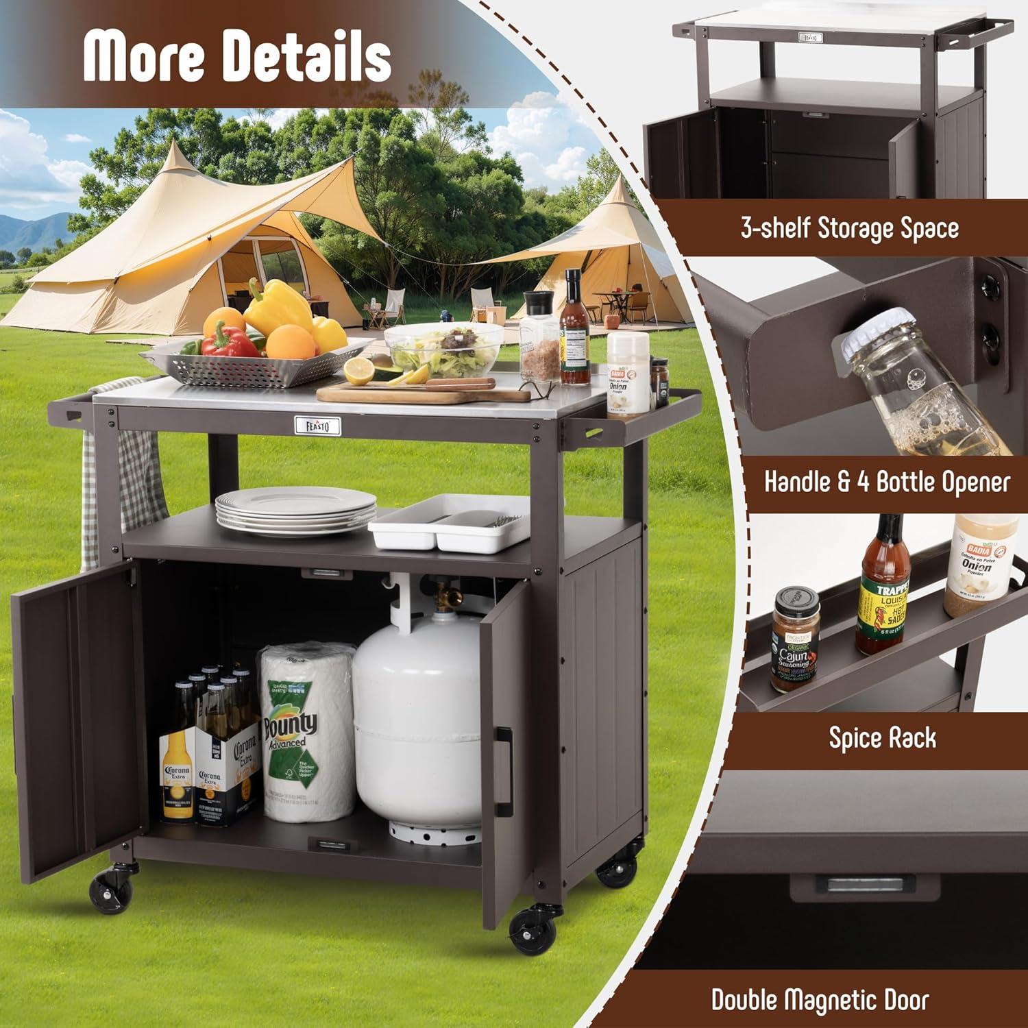 Feasto Feasto Outdoor Grill Cart with Stainless Steel Tabletop and Storage Cabinet, Movable Kitchen Island with Wheels for BBQ Food Prep