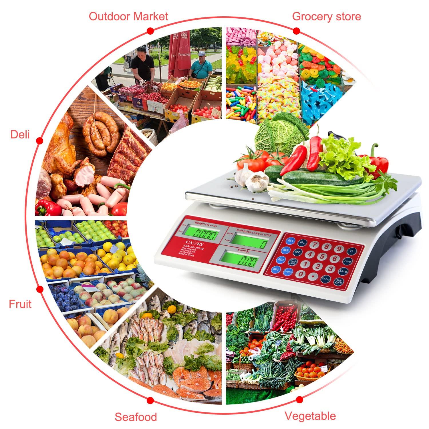 CAMRY Digital Price Computing Scale 66lb/30kg Commercial Produce Scale with Stainless Steel Platform and Green Backlight LCD Display for Meat, Fruit, Ideal for Deli, Farmers Markets, Restaurants