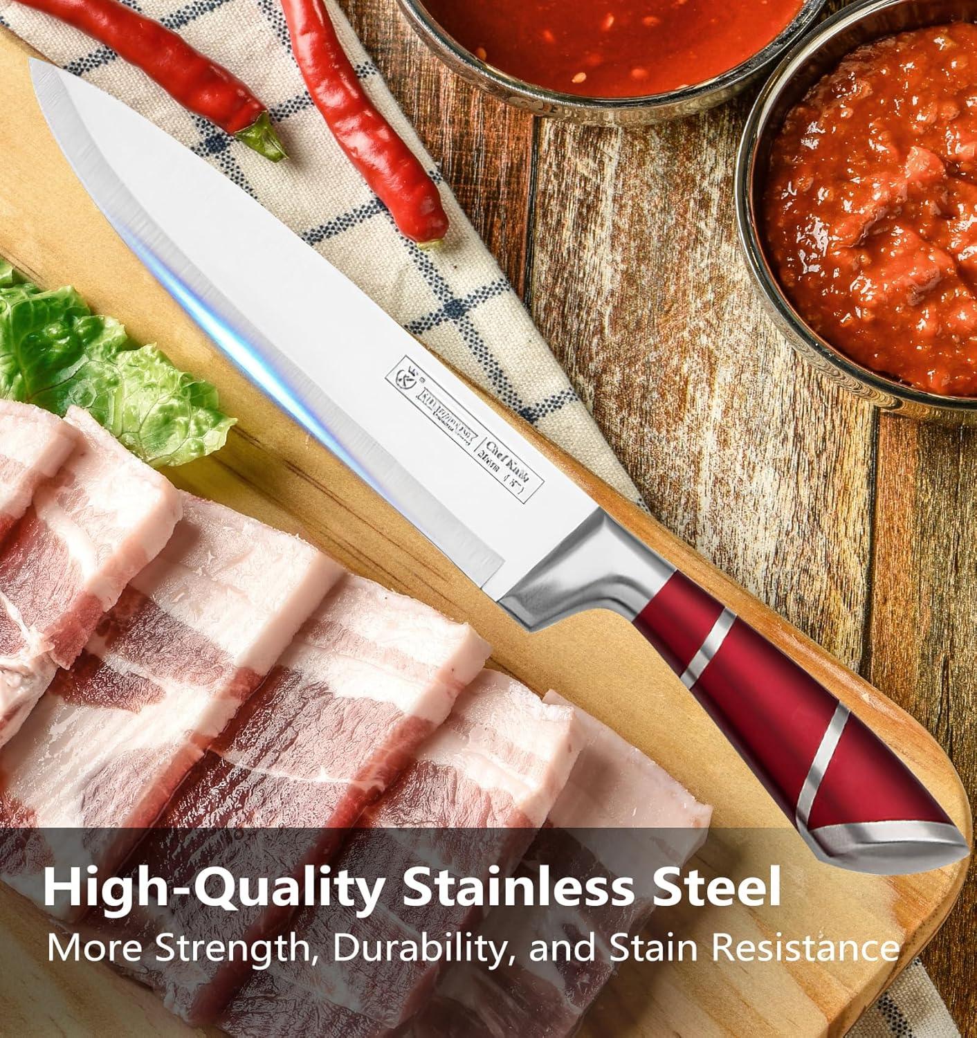 Kitchen Knife Set, 9-Pieces Red Coated Knife Block Set, Stainless Steel Chef knife Set with Sharpener Peeler Scissors, Sharp Non-Stick Knives Set with Rotatable Holder for Cutting Slicing Dicing