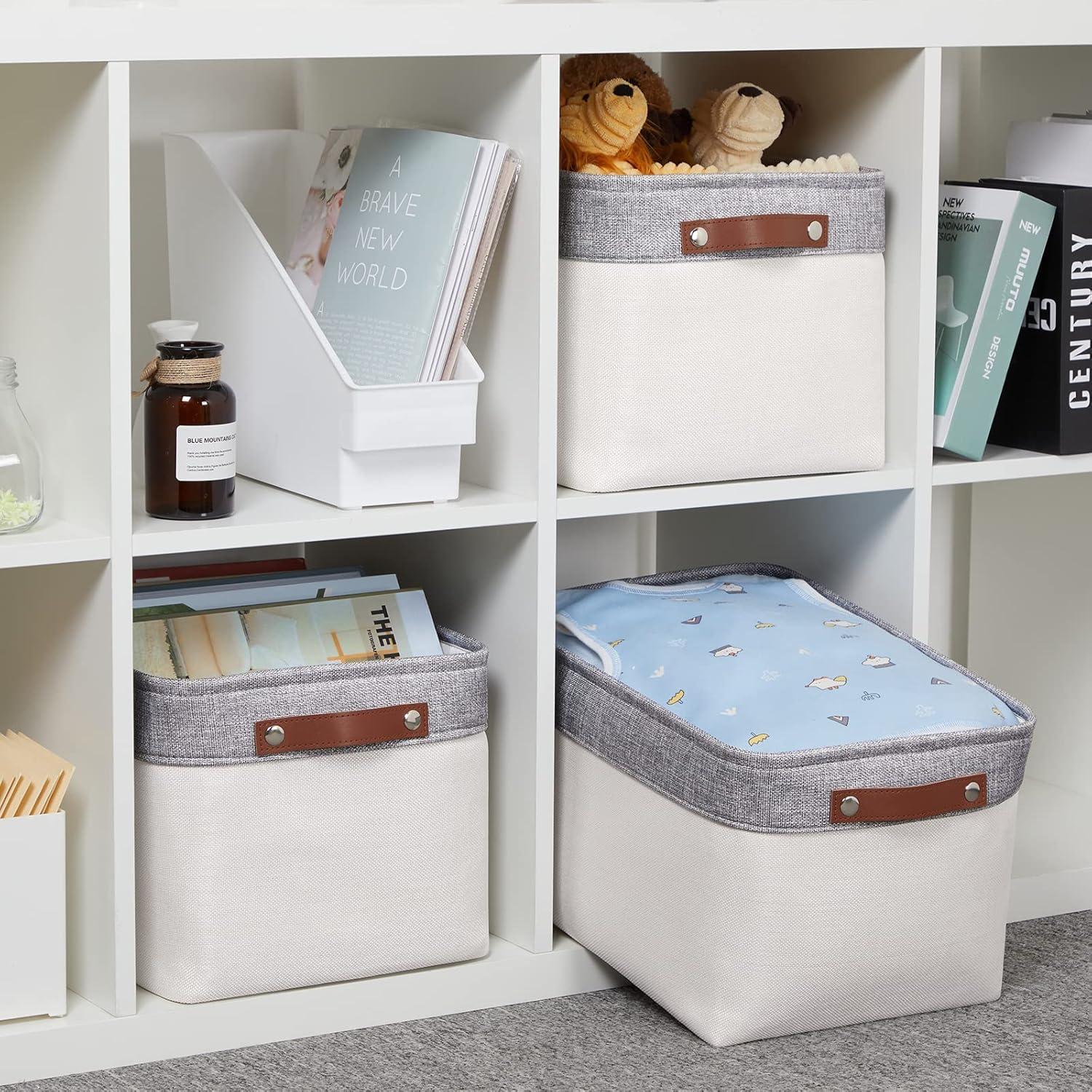 White and Gray Rectangular Fabric Storage Baskets with Faux Leather Handles, Set of 3