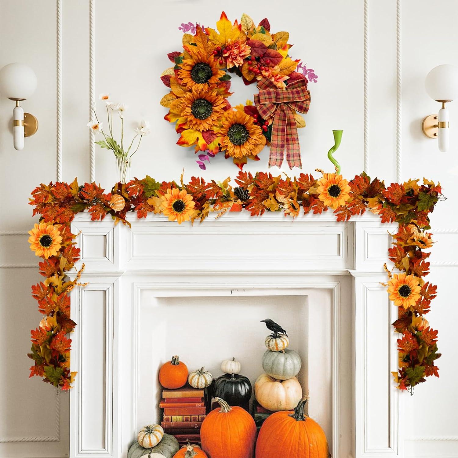 Thanksgiving Wreaths for Front Door,20 Inch Autumn Harvest Wreath with Pumpkin and Maple Leaf Decorations, Perfect for Home Outside Farmhouse Indoor Decor,Black&White Ribbon