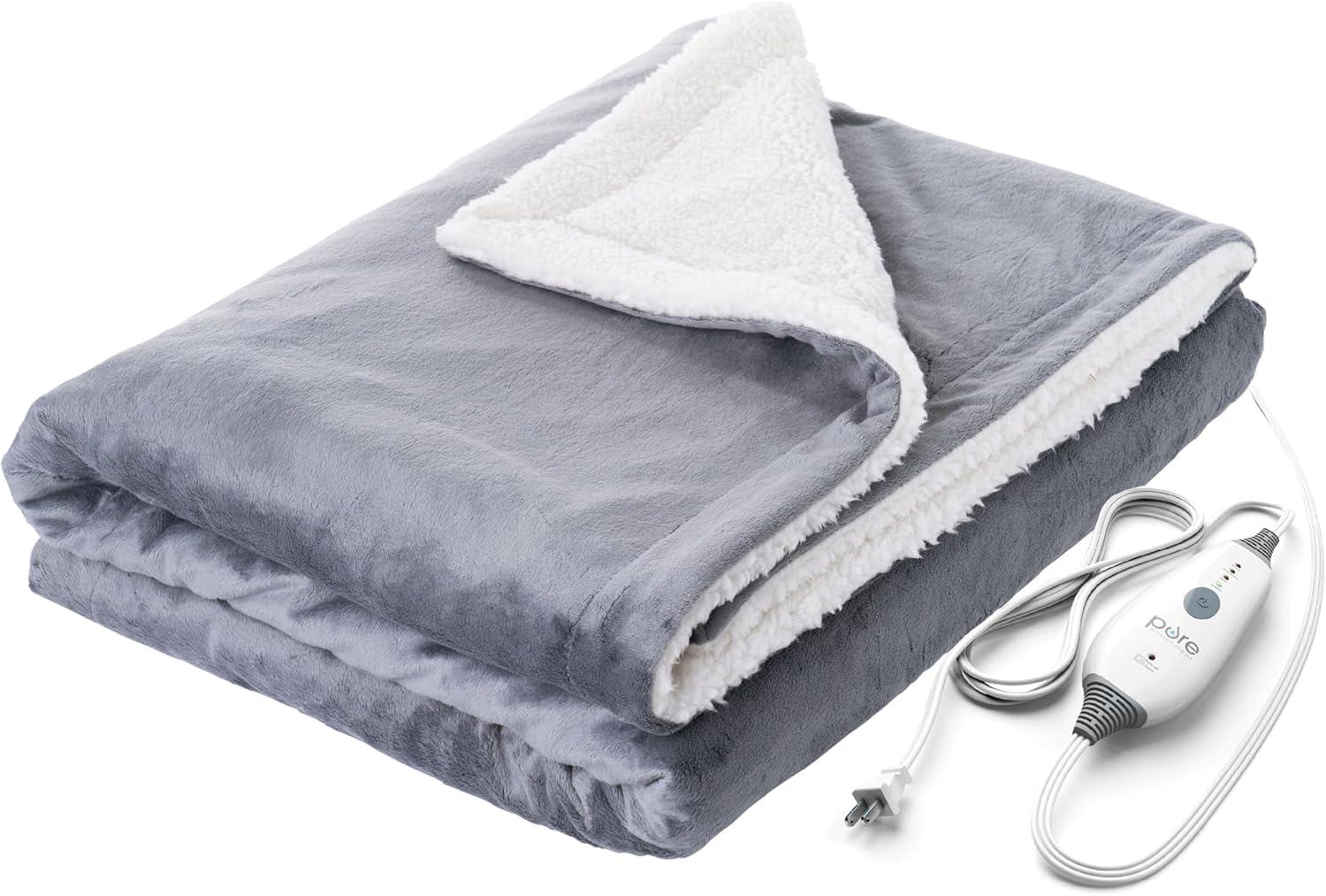 Pure Enrichment PureRelief Plush Heated Throw (50” x 60”) - 4 InstaHeat Settings, Soft Micromink & Sherpa Fabric, Machine Washable with Storage Bag - Cozy Electric Blanket for Couch or Bed Use