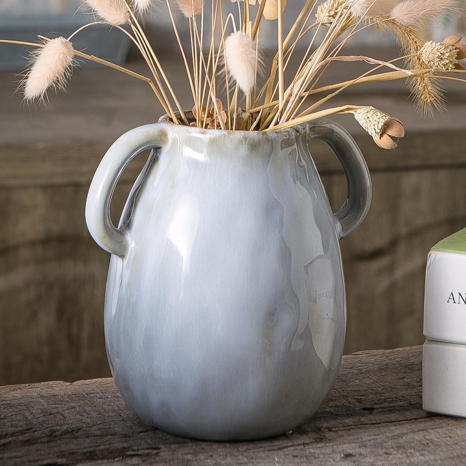 Grey Ceramic Vase with 2 Handles, Modern Farmhouse Vase for Home Decor, Rustic Terracotta Vase, Decorative Pottery Flower Vase, Clay Samll Vase, Centerpieces for Dining Table - 7 Inch Tall