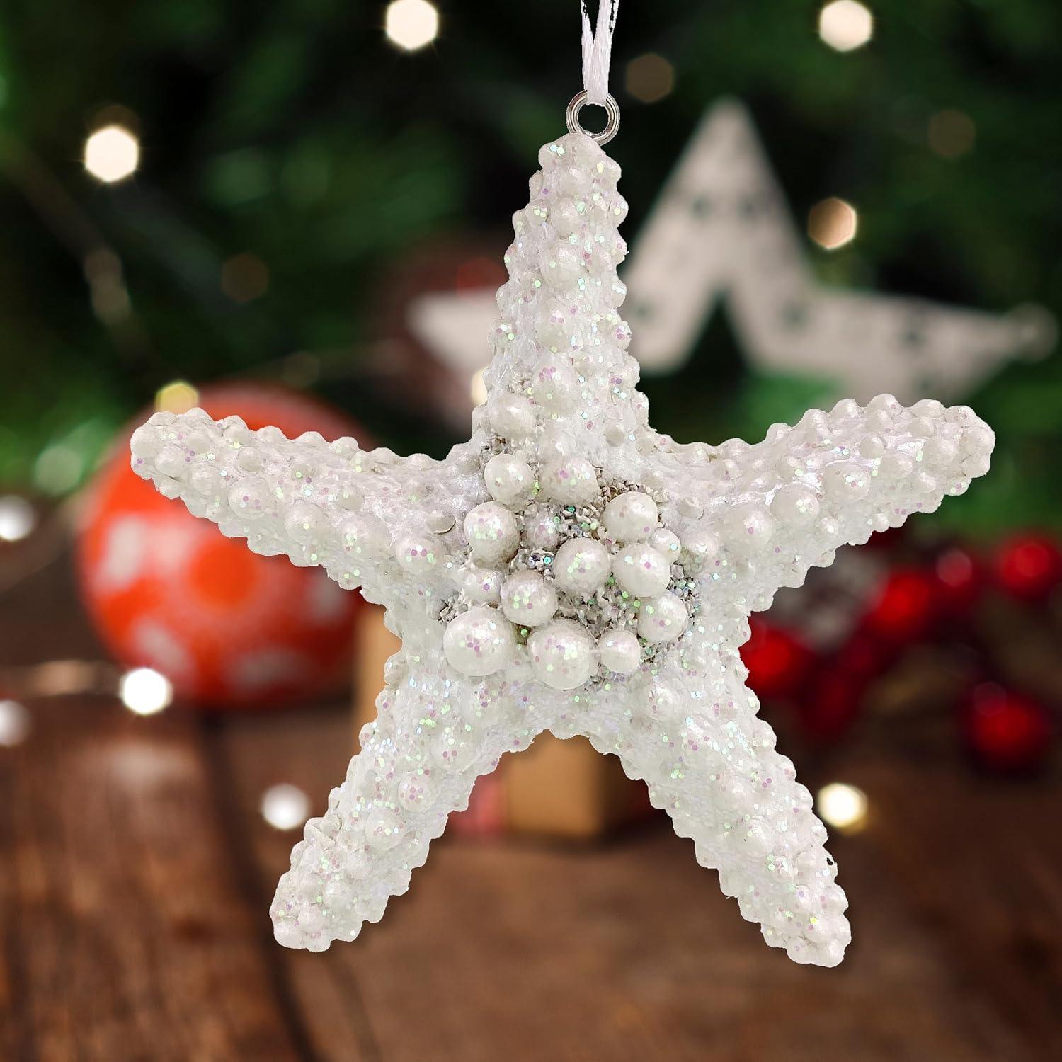 Coastal Christmas Ornaments - Seahorse, Starfish, Clam Shell Holiday Beach Tree Decorations, Set of 3