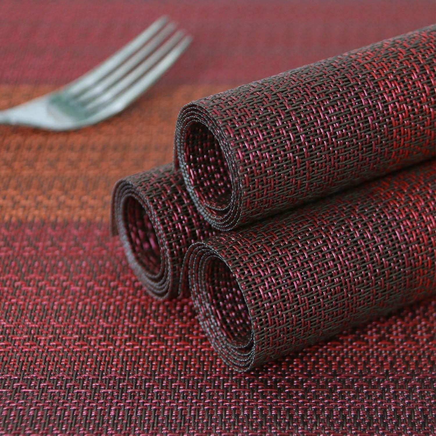 Table Placemats Set of 6 with Coasters Crossweave Woven Vinyl Wipe Clean Heat Resistant Washable Table Mats and Runner Set for Dining Table, Red