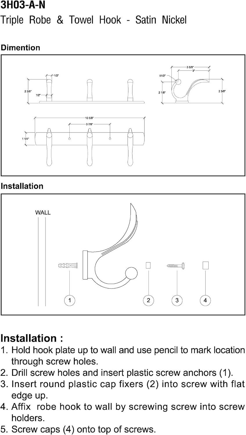 Satin Nickel Triple J-Hook Wall Mounted Towel Rack