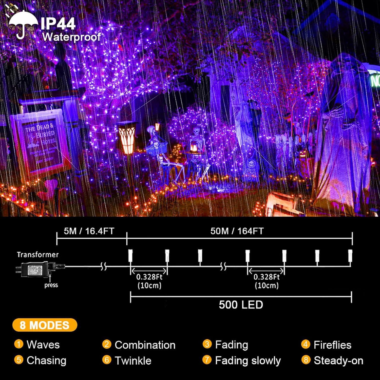kemooie 500 LED Purple Christmas Lights, 164FT 8 Twinkle Modes Plug in Light, Waterproof Extra Long String Lights for Outdoor Indoor Tree Wedding Party Garden Halloween Christmas Decorations (Purple)